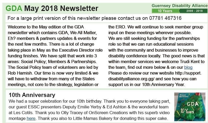 May 2018 Guernsey Disability Alliance Newsletter