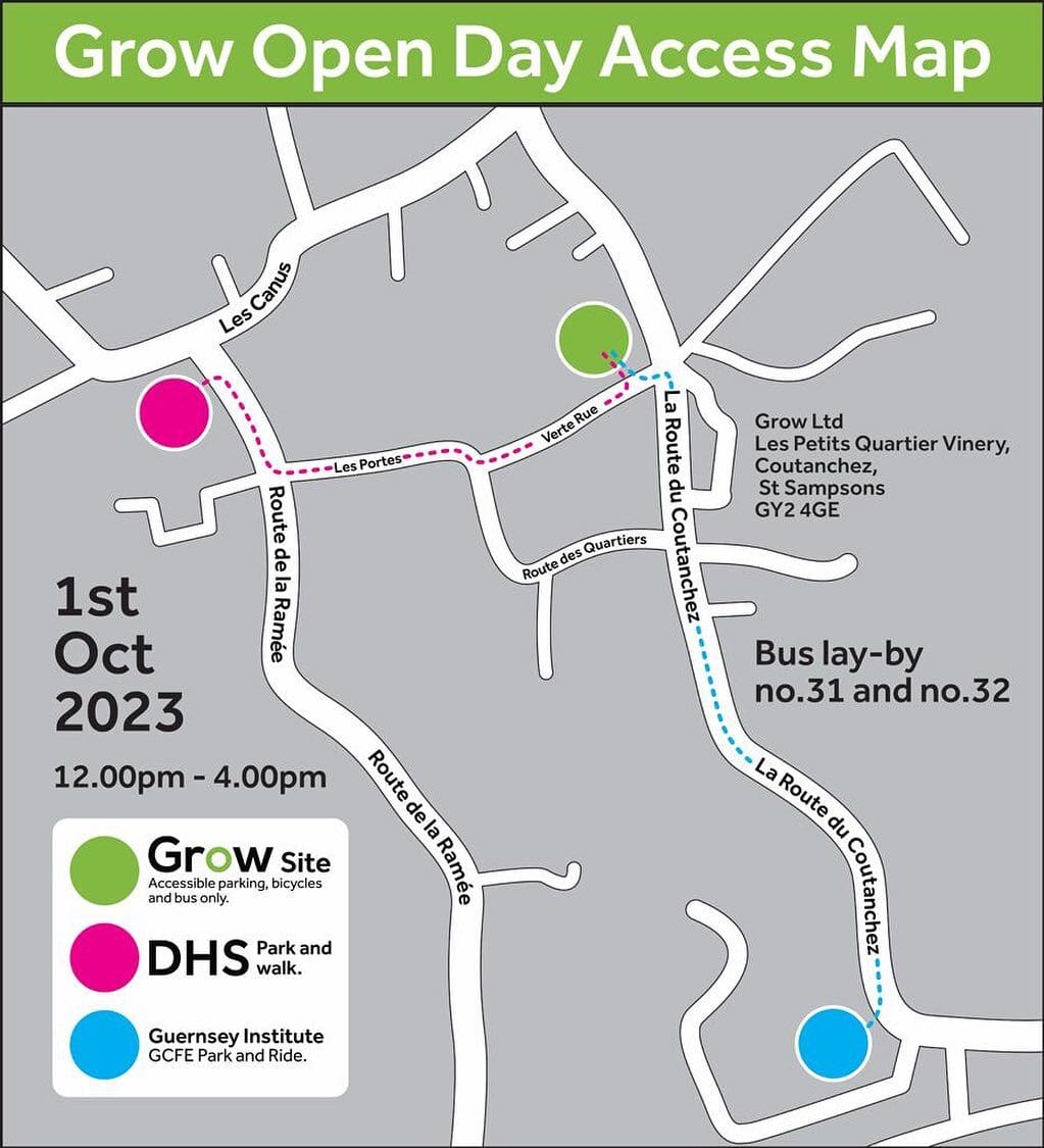 Map showing Grow and walking route from DHS and park and ride from the College of Further Education site